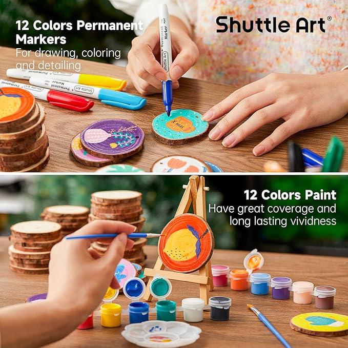Wood Slices Kit, Shuttle Art 35 PCS Unfinished Natural Wood Slices with Pre-Drilled Hole, Acrylic Paint, Permanent Markers, Jute Twine, DIY Craft for Kids Adults Holiday Decoration Christmas Ornaments