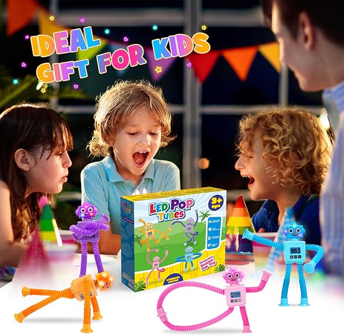 Robot Fidget Toys for Kids : 4 Pack LED Robotic Pop Tubes Telescopic Suction Cup Sensory Toy for 3 4 5 6 7 8 Year Old Boys Girls Halloween Birthday Gifts for Kid Ages 3-5 Toddler Travel Toy