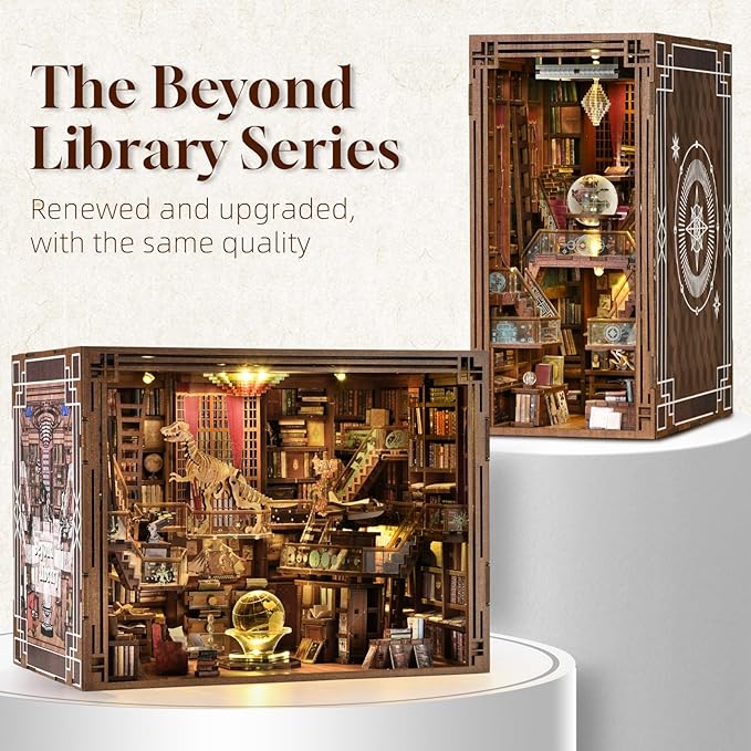 DIY Book Nook Kit for Adults, 3D Wooden Puzzle Bookend Bookshelf Insert Decor with LED Light and Dust Cover (Beyond Library Max)