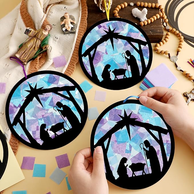 Eersida 32 Sets Christmas Nativity Suncatchers Craft Kit DIY Christianity Tissue Paper VBS Sunday School Craft Make a Nativity Tissue Paper Kit for Holy Night Christian Religious Lent Bible Window Art
