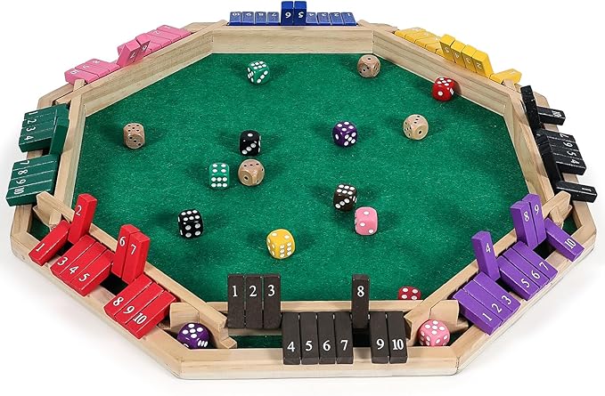Vamslove Upgraded 2-8 Players Shut The Box Dice Game-Colorful 8-Way Wooden Board Table Math Game with 16 +6 Dices - Close The Box for Kids, Adults Families Party Club (Instruction Included)