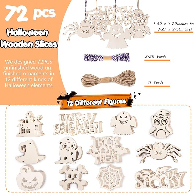 Shindel Halloween Crafts for Kids, 72PCS Wooden Halloween Decorations, 12 Styles Unfinished Wood Cutouts, Wood Ornaments for DIY Gifts Home Office Party Yard Hanging