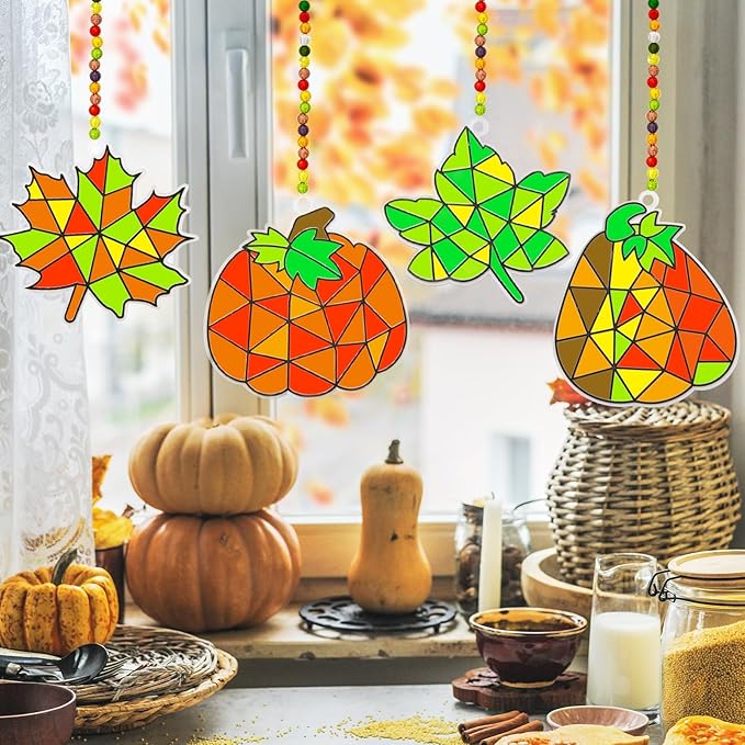 WorldBazaar Fall Suncatchers Craft Ornaments 24 Sets Pumpkin Window Art Suncatchers Decoration Thanksgiving Fall Harvest Classroom Activity Party Supplies