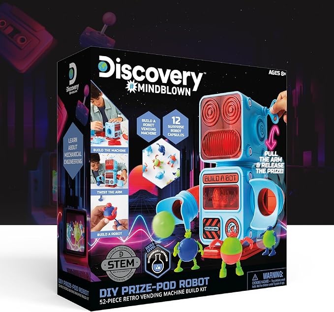 Discovery DIY Prize-Pod Robot Kit, 52-Piece Vending Machine Building Set, 12 Transforming Capsules, Educational Science Experiment, Engineering STEM Project, Robotics Toy Gift Kids Age 8+