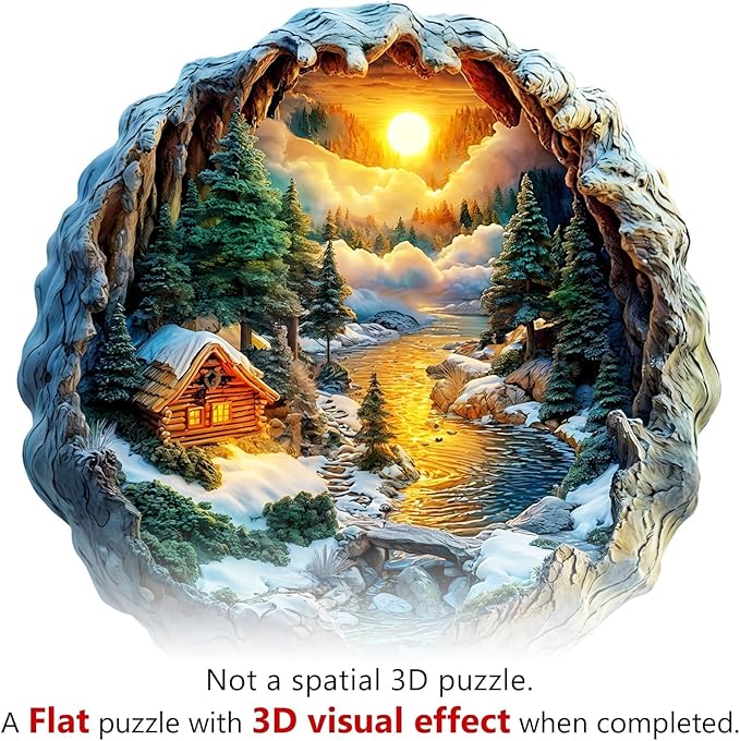 Wooden Puzzles for Adults, Flat Puzzle with 3D Visual Effect, Winter Scene Wooden Jigsaw Puzzles for Adults, Forest River Sunset Wood Puzzles Adult, Wall Art Canvas Puzzle (L -13.3 * 13 in -275 pcs)