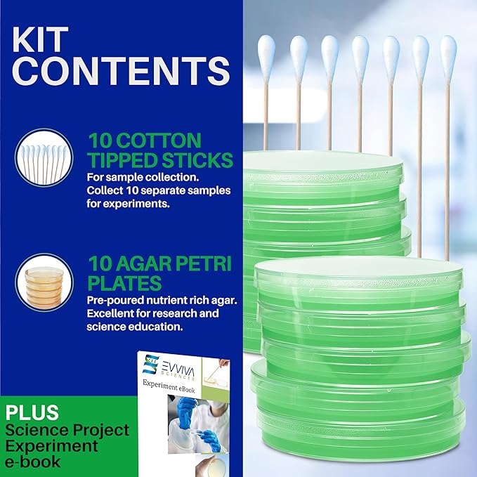 Evviva Sciences Nutrient Agar Petri Dishes Science Project Kit, Pre-Poured Agar Plates for Science Experiments, with Experiment eBook (Green)