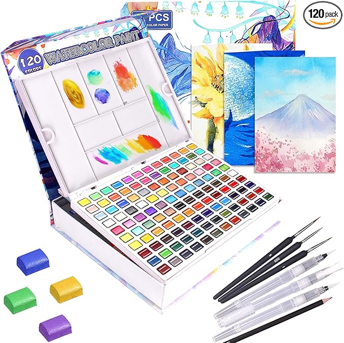 Gunsamg Watercolor Paint Set 120 Colors with Palette in Portable Box – Includes 12 Fluorescent, 15 Macron, 33 Metallic Colors – Watercolor Set for Kids, Adults, Beginners & Professional Artists, Travel Art Supplies Kit