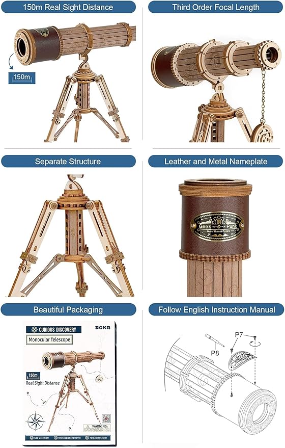 ROKR 3D Puzzles for Adults Wooden Telescope Building Model Kit with Tripod for Adults -3X Magnification Science Kit Gifts for Boy/Girls