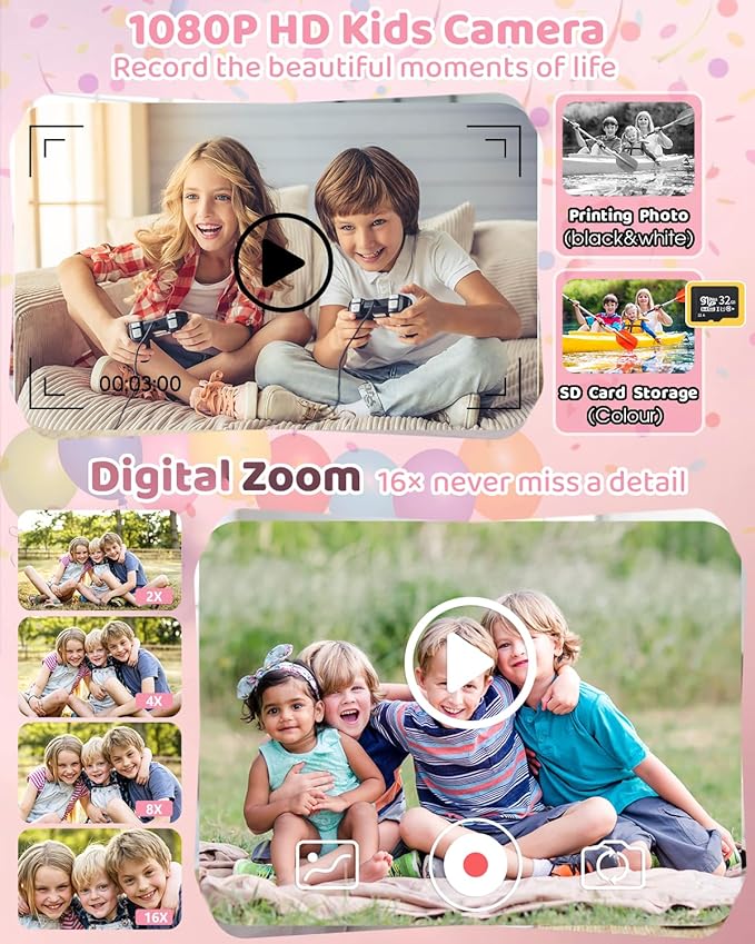 Instant Print Camera for Kids with 3 Rolls of Printer Paper, 1080P Toddler Digital Camera Toys for Age 3-12 with 32GB SD Card, Christmas & Birthday Gifts for 3 4 5 6 7 8 Year Old Girls & Boys (Pink)