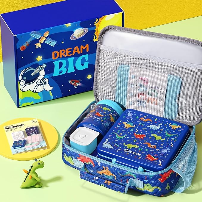 Fimibuke Kids Bento Snack Lunch Box with 4 Compartment, Insulated Bag, Stainless Steel Vacuum Thermos Food Jar, Ice Pack, Utensils Set, Birthday Gift for Age 3-12 Back to School Toddler Girl Boy