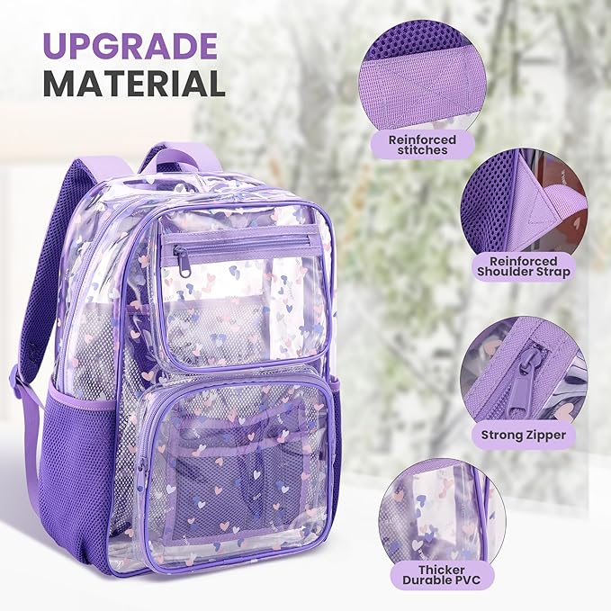 Transparent Bag - Purple Clear Backpack for School and Stadium Events, Suitable for Girls and Boys