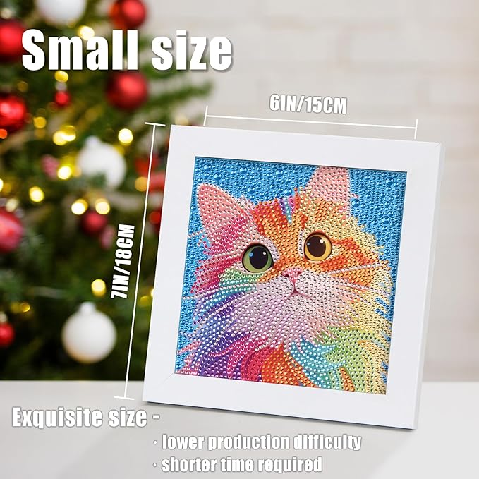 geesfayan Diamond Art Kits for Kids Ages 8-12,6 Inch DIY Gem Art Painting with 7 Inch Frame, Complete Starter Kit for Beginners, Creative Arts & Crafts Gift for Girls & Boys (Colorful Cat)
