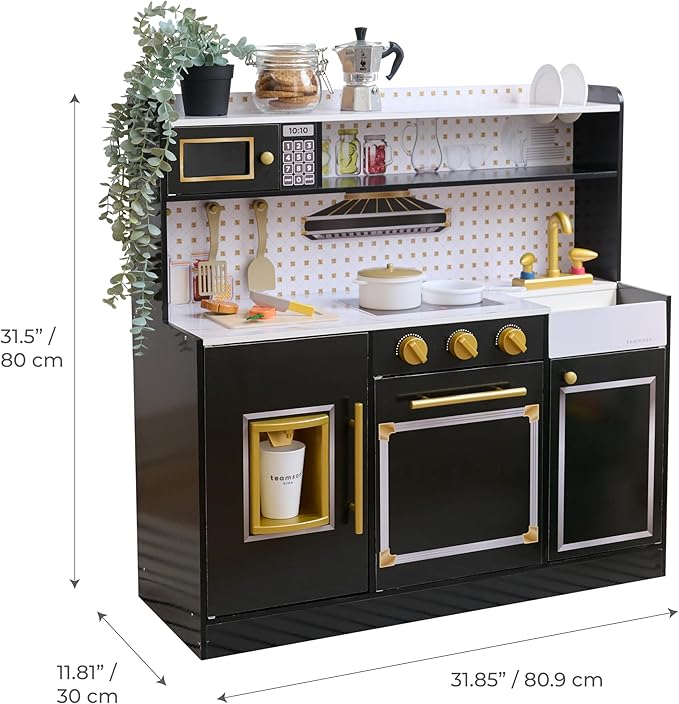 Teamson Kids Wooden Play Kitchen for Toddlers with Accessories, Pretend Cooking Set for Kids Age 3+, Black Toy Kitchen Playset, Retro Design, Realistic Features for Boys & Girls, St. Louis Collection