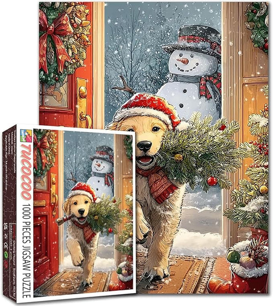 Merry Christmas 1000 Piece Jigsaw Puzzles for Adults Animal Dog Wearing Christmas Hat Painting Jigsaw Puzzle 1000 Cute Snowman Puzzles 20''x27”inch DIY Craft Puzzle Art Wall Decor Family Challenging