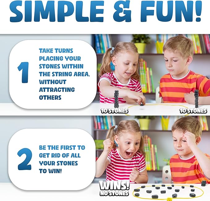 Upgraded (Multi-Level) Magnetic Chess Game with Stones - Clear & Simple Instructions | Premium Set with 20 Larger & Stronger Stones, Adjustable Rope, 2 Dice & Travel Pouch | Perfect for Kids & Adults