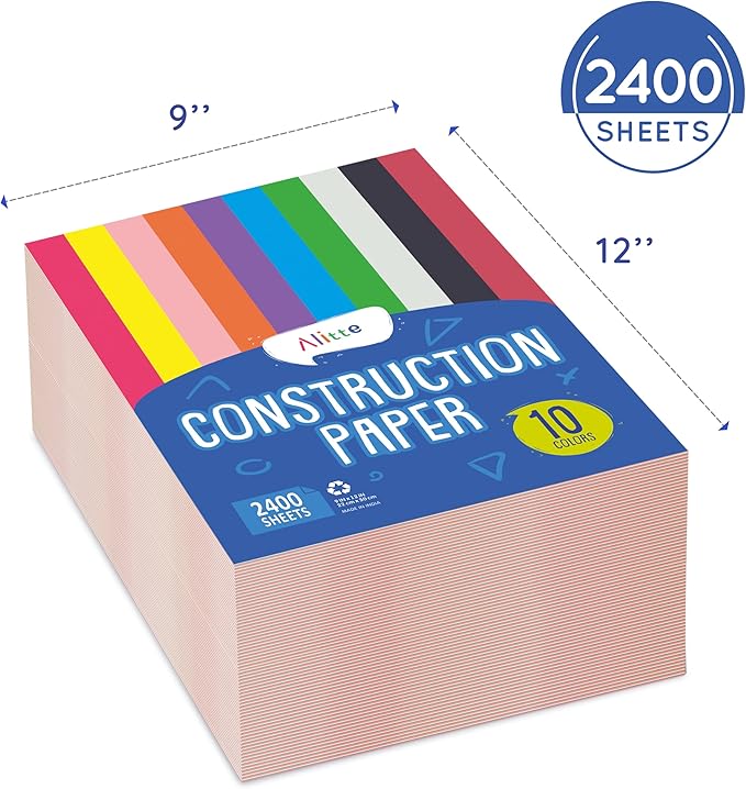 Alitte Construction Paper Assorted Colors - (2400 Sheets, 9x12), Craft Paper, 10 Bright Colors - Bulk Pack Arts & Crafts Projects - Colored Paper For Preschool, Home, And Classroom Supplies