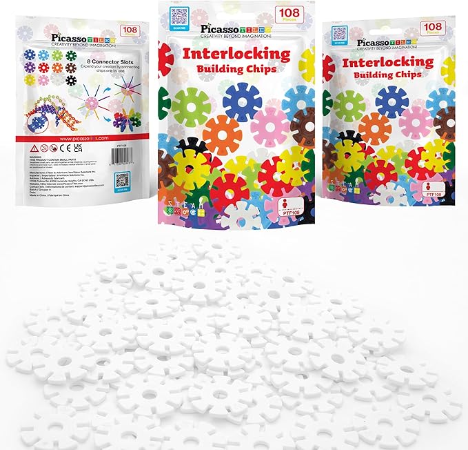 PicassoTiles Building Chip Interlocking Disc Construction Blocks in White Color STEM Learning Early Education Toy Engineering Playset Child Brain Development for Toddlers Girls Boys Kids Age 3+ PTF108