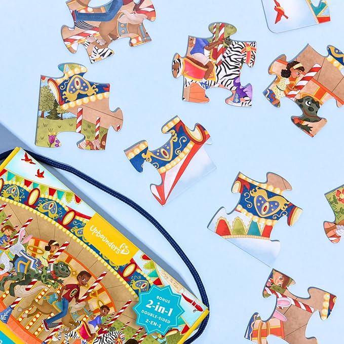 Joyful Carousel Animals Numbers and Colors - 24 Piece 2-Sided Beginnger Puzzle,Toddler Boy,Girl, Ages 3-5, Counting Activity with African American-Diverse Children at Play