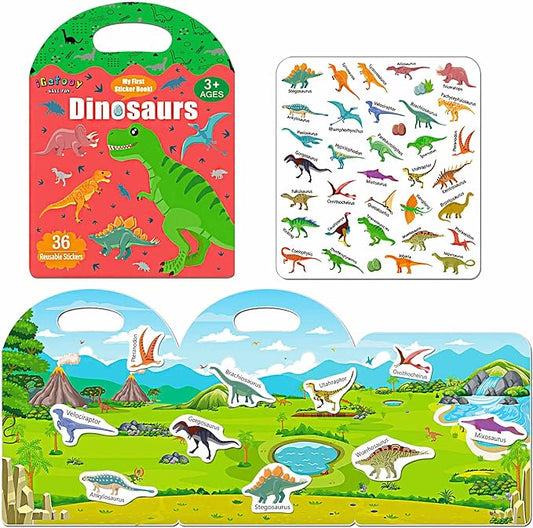 Reusable Sticker Book for Toddlers, Sticker Books for Toddlers 3+ Years, Airplane Travel Essential for Kids, Stickers for Kids (Dinosaurs)