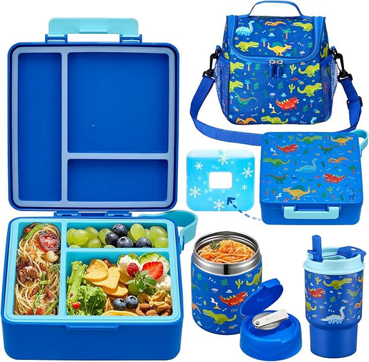 Bento Lunch Box for Kids with 17oz Soup Thermo,Insulated Tumbler Water Bottle and Insulated Lunch Bag,Leak-Proof 3 Compartment Lunch Food Container with with Ice Pack for Kids to School-Dinosaur