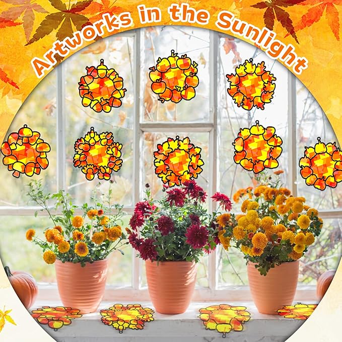 32 Sets Fall Thanksgiving Wreath Suncatchers Craft Kit DIY Window Stained Glass Effect autumn Wreath Paper Crafts Home School Classroom Decoration Kid Birthday Gift Creative Art Project Activity Game