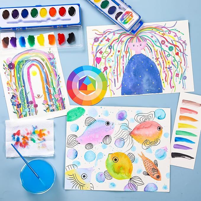 Shuttle Art 24 Pack Watercolor Paint Set, 8 Colors with Paint Brushes & Color Wheels, Washable for Kids & Adults, Suitable for Classroom, Parties, Kindergarten & Art Activities