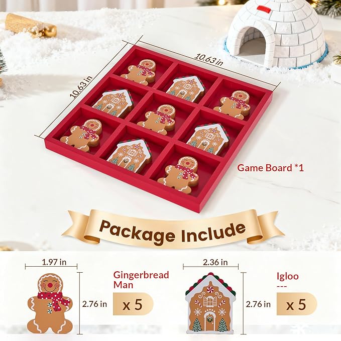 GENMOUS Christmas Tic Tac Toe Game Board Indoor Game, 10.6 Inch Rustic Giant Tic Tac Toe with Gingerbread Man and Igloo, Xmas Coffee Table Decor, Fun for Home Room Holiday Decorations