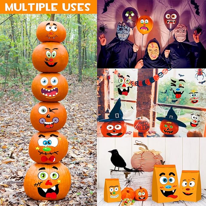 BainGsek 26 Pack Halloween Decoration Stickers, 56 Fun and Classic Pumpkin Face Stickers, Pumpkin Painting Craft Kit, Halloween Party Gift to Kids Decorations to Make Jack O Lantern Face Decal