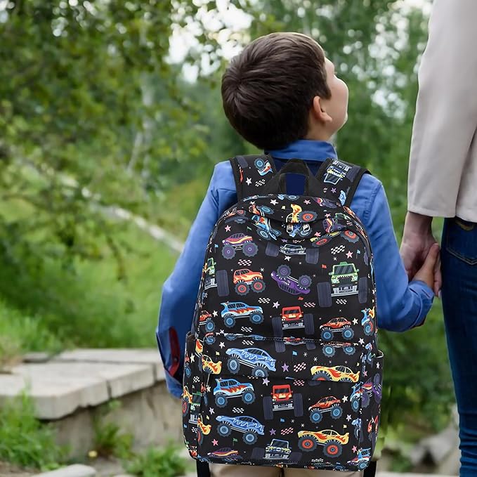 LEDAOU Kids School Backpack with Lunch Box for Boys Girls Kindergarten BookBag School Bag Preschool Toddler Backpack (Monster Truck Black)