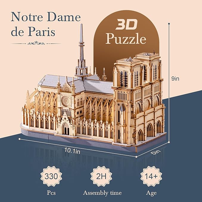 3D Wooden Puzzle for Adults — Notre Dame de Paris Cathedral Model Building Sets, DIY Craft Kits, Unique Gift and Home Decor for Architecture Enthusiast (330PCS)