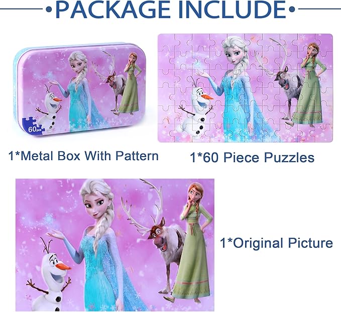 LELEMON Pretty Girl Puzzles for Kids Ages 4-6, Snowman 60 Piece Puzzles for Kids Ages 3-5,Children Jigsaw Puzzles in a Metal Box,Educational Learning Puzzle Toys for Girls and Boys