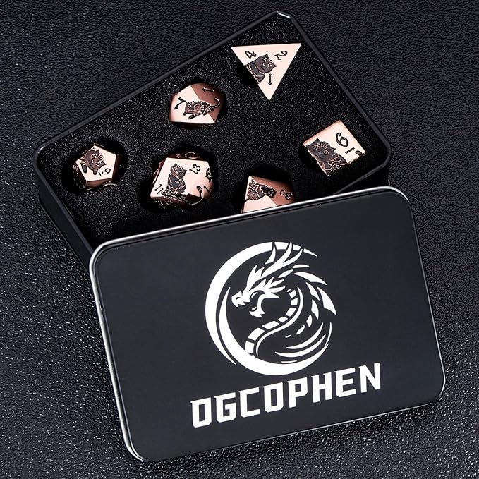 Metal DND Cat Dice 7PCS Polyhedral RPG Dice Set with Gift Case for Dungeons Dragons Role Playing Game, D and D Dice D6 D8 D10 D12 D20 D% (Copper Black)
