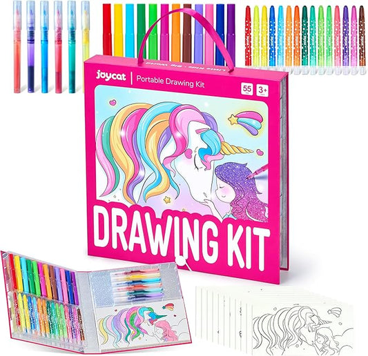JoyCat Magical Unicorn Drawing kit for Kid,55 Pcs Stationery Kit with Washable Scented Marker&Twist Crayon,Glitter Marker,Ideal Gift for Girl Aged 4-10,Fun and Creative Art & Craft Supply