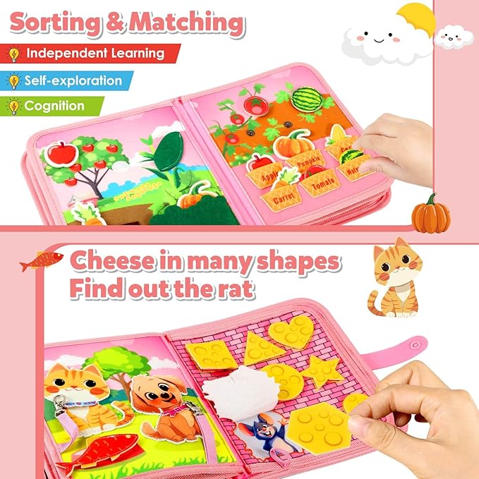 Montessori Busy Book for Toddlers 1-3, Busy Board Montessori Toys for 1 Year Old Girl Birthday Gifts, Educational Learning Sensory Activity Books, Quiet Book Travel Toys for Airplane Car
