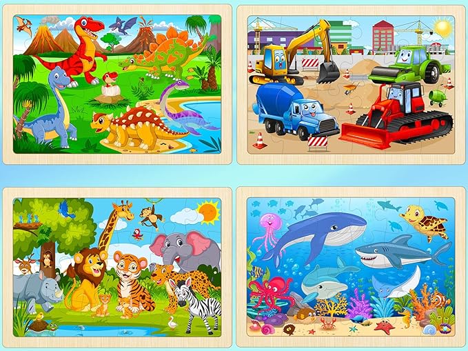 Wooden Puzzles for Kids Ages 4-6, 4 Pack with 24 Pieces Dinosaur, Animal, Ocean, Vehicle Wooden Puzzles for Toddlers Set, Educational & Learning Puzzles, Toys Gifts for 3 4 5 6 Year Old Boys Girls
