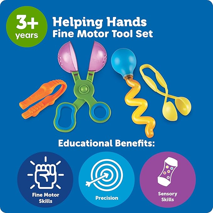 Learning Resources Helping Hands Fine Motor Tool Set Toy - 4 Pieces, Ages 3+ Fine Motor and Sensory Play Toys, Toddler Tweezers, Sensory Bin Toys