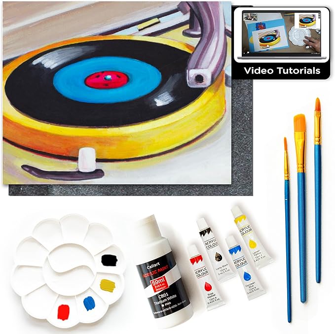 Painting4Real DIY Painting Class Kit for Adults with Video Tutorials: Learn to Paint DJ Play My Song – How to Paint with Acrylics – Painting & Art Supplies – 9 Piece Acrylic Paint Set