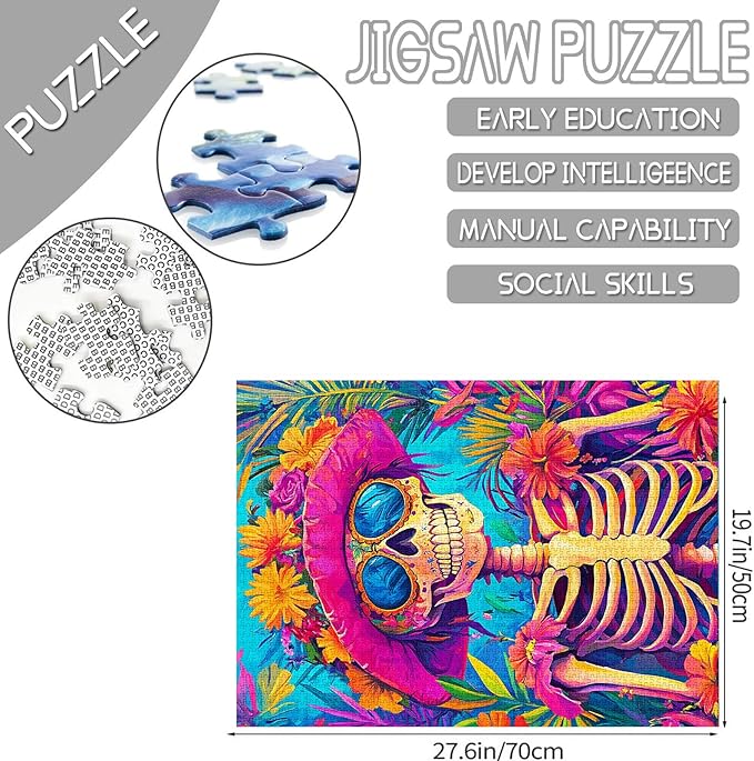 Tucocoo 1000 Pieces Jigsaw Puzzles for Adults Whimsical Cute Skeleton Painting Puzzle Tropical Skull Bright Art Puzzles for Challenging Family Activity Game Colorful DIY Puzzle Wall Decor Gifts