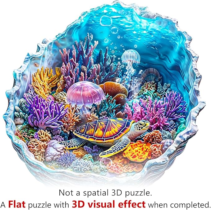 KAAYEE Wooden Puzzles for Adults, 3D Visual Effect Ocean's Embrace Turtle Wooden Jigsaw Puzzle Unique Shape Wood Puzzle Adult, 3D Effect Flat Puzzle Birthday Family Games (M-11.4 * 11.3in-175pcs)