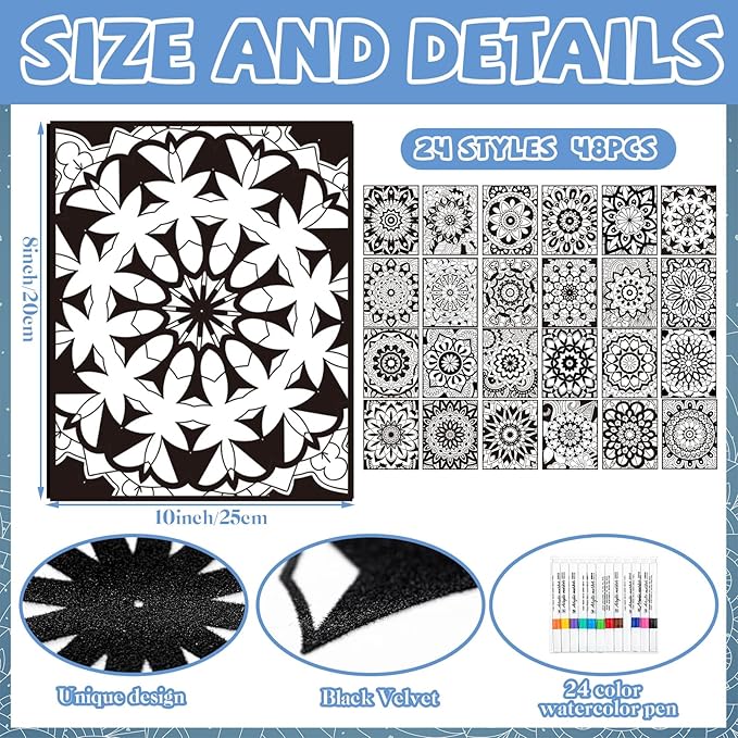 Zhanmai Pack of 48 Mandala Velvet Coloring Posters and Watercolor Pens Flower Fuzzy Velvet Coloring Posters for Adults Teenagers Large Poster for Classroom Festive Holiday Crafts Activity