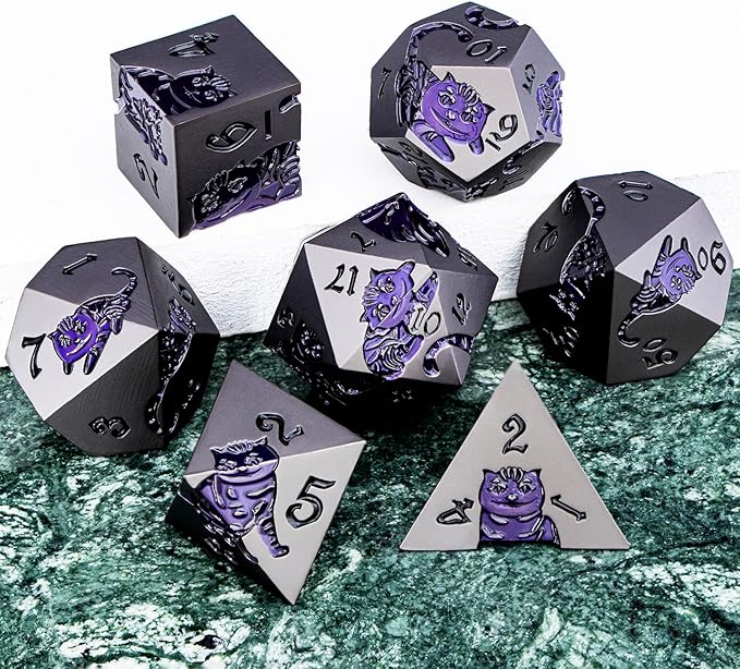 Metal DND Cat Dice 7PCS Polyhedral RPG Dice Set with Gift Case for Dungeons Dragons Role Playing Game, D and D Dice D6 D8 D10 D12 D20 D% (Grey Purple)