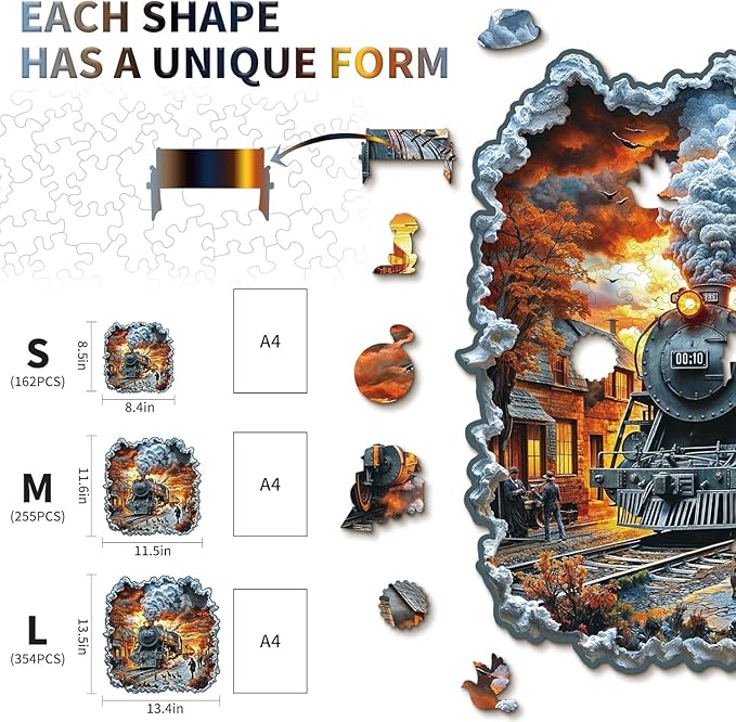 Wooden Puzzles for Adults 255 Pices, 3D Steam Train Wooden Jigsaw Puzzle, Flat Puzzels with 3D Visual Effect, Steam Train Irregular Jigsaw Puzzles, Finished Puzzle Size is 11.6 * 11.5 in