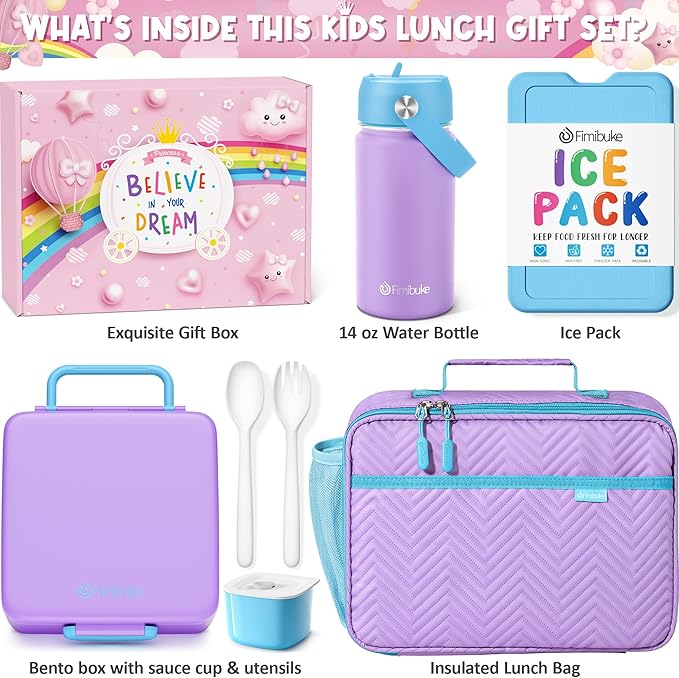 Fimibuke Kids Bento Lunch Box with 4 Compartments, Insulated lunch Bag, Stainless Steel Insulated Water Bottle, Ice Pack & Utensils Set, Birthday Gifts for Ages 3-12 Back to School Toddler Girls Boys