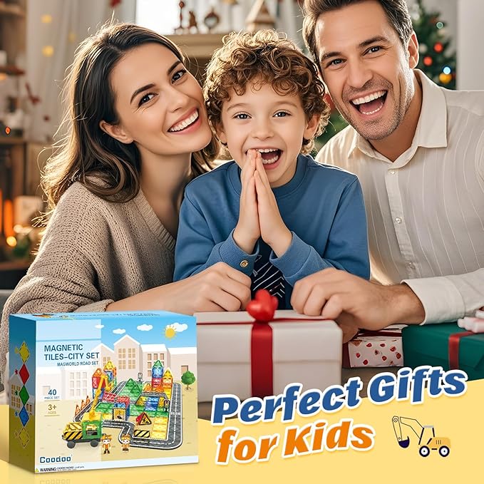 Kids Games Magnetic Tiles Road Set with Extendable Magnetic Crane, City Construction Building Toys for Toddlers STEM Preschool Ages 4-6 5-7, Gifts for 3+ Year Old Boys Girls Kids Toys with Car