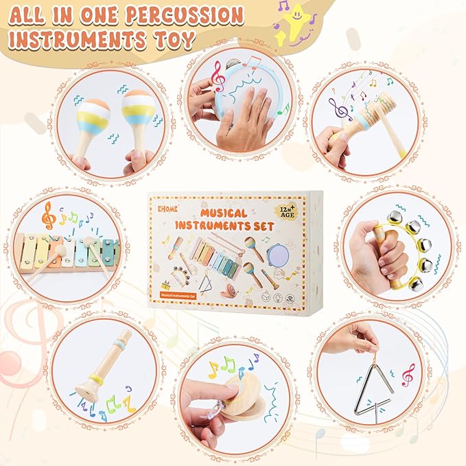 Baby Musical Instruments Set Montessori Wooden Music Toys for Toddlers 3 4 5 Neutral Color Percussion Music Kit with Drum, Xylophone,Storage Bag, Birthday Preschool Learning Gift for Boys Girls
