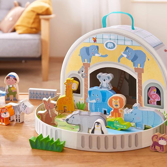HABA Wooden Animal Playset - Play World at The Zoo, STEM Educational Toy with Zoo Animals & Accessories, Preschool Learning Toy for Ages 2+, Made in Germany