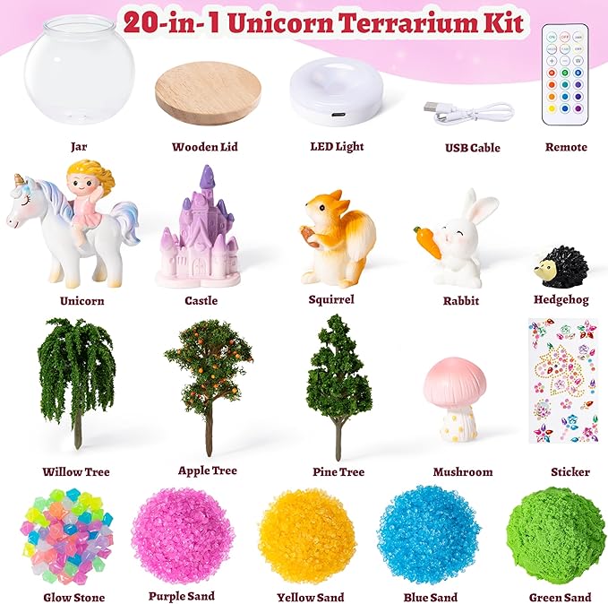 Unicorn Toys for Girls - Unicorn Terrarium Kit Toys - Rechargeable LED Night Light with Remote - DIY Crafts Kit Birthday Gifts for Kids - Christmas Birthday Gifts for Girls Ages 4 5 6 7 8-12 Year Old