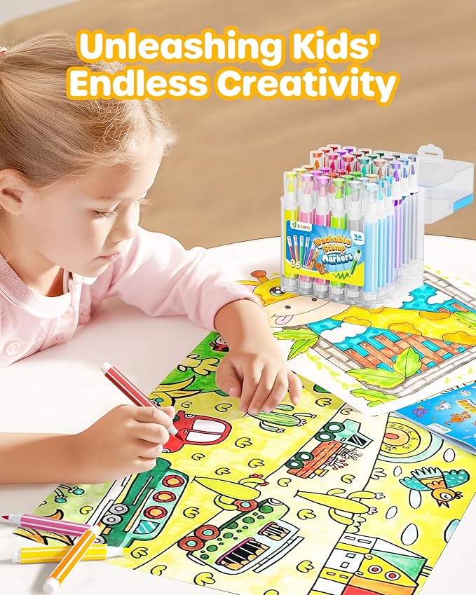 D-FantiX 36 Colors Washable Markers for Kids, Stamp Markers Coloring Set with Coloring Books and Stand Portable Box, Back to School Supplies for Girls Boys, Kids Road Trip Activities