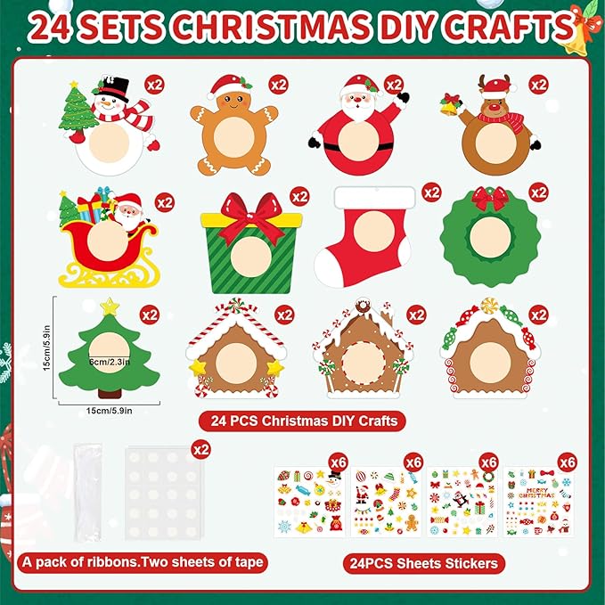 24 PCS Christmas Picture Frame Ornaments Paper DIY Photo Frame Craft Set Hanging Decorations For Christmas Tree Decor (Cute)