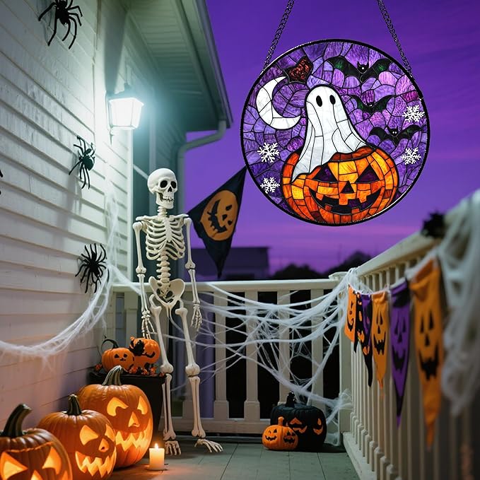 Stained Glass Window Hanging Halloween Horror Pumpkin 11.8" - Suncatcher Door Garden Sunroom Gothic Style Ghost Bat Sun Catcher Birthday for Friend Mom Men Woman Nana